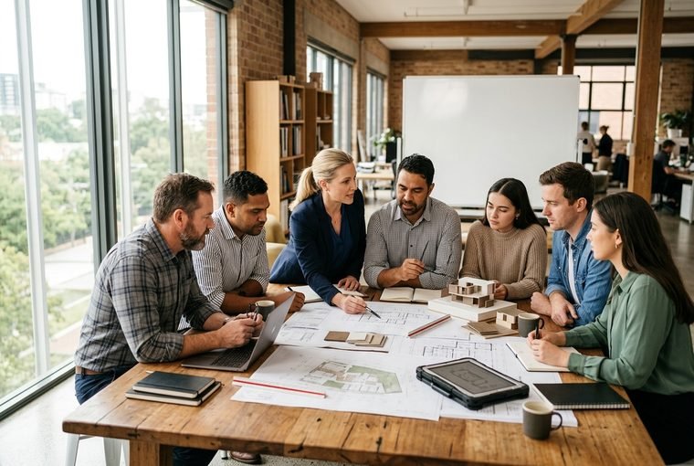 Australian engineering team reviewing plans