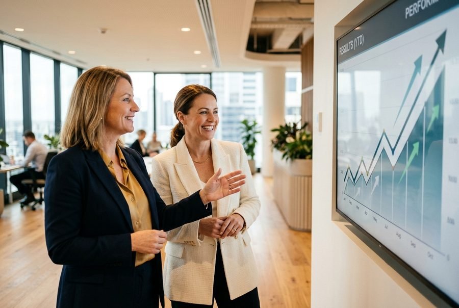 A marketing specialist showing a business owner a rising results chart